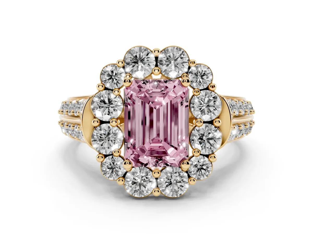 Fancy Pink Emerald Cut Halo Diamond Engagement Ring with Split Shank and Prong Setting Yellow gold