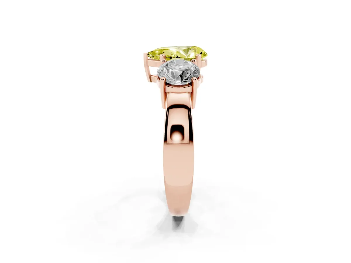 Fancy Yellow Three-Stone Pear Cut Diamond Ring with Round Side Stones, Classic Band, and Four-Prong Setting Rose gold