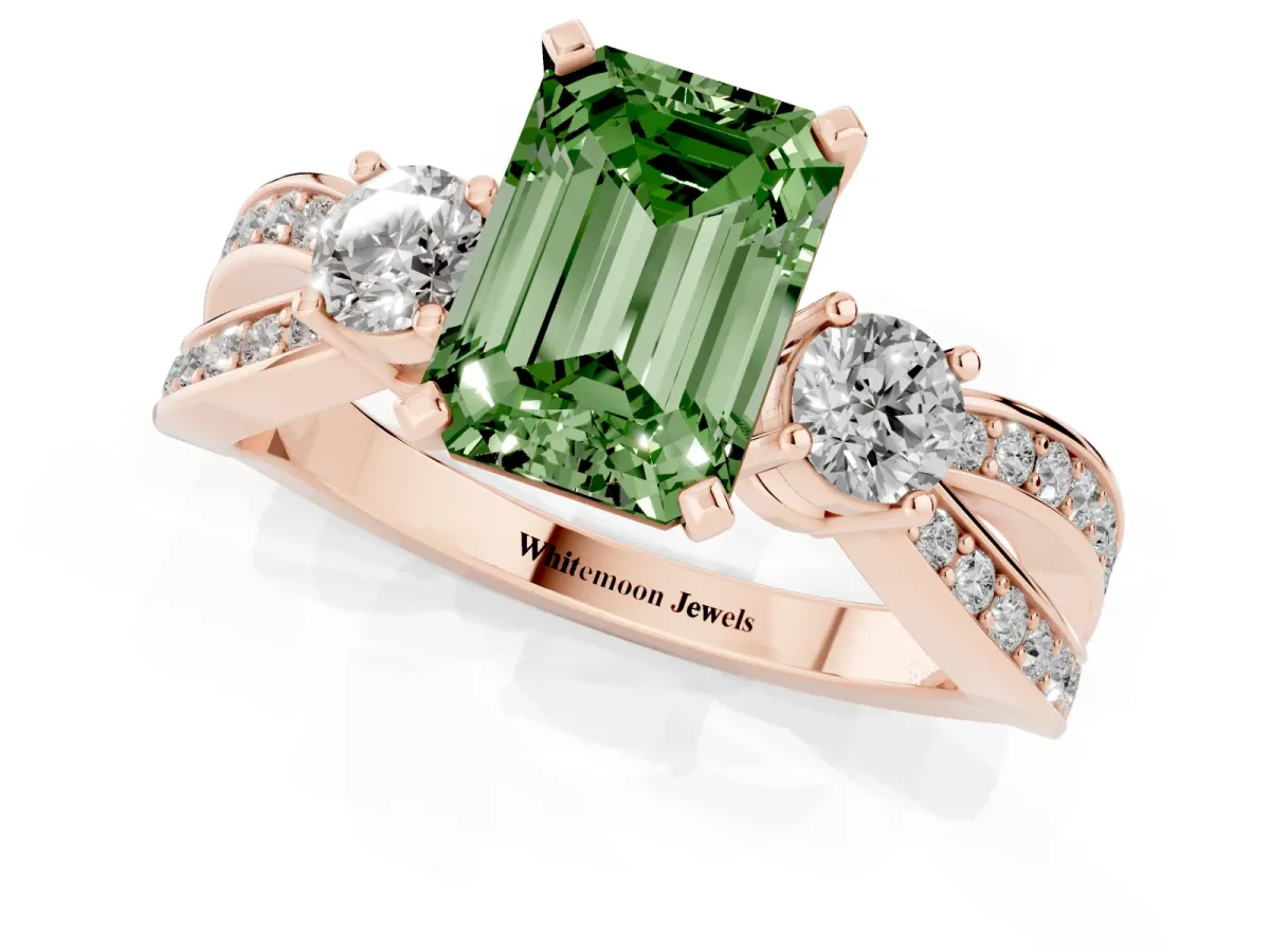 Fancy Green Three-Stone Emerald Cut Cut Diamond Twist Band with Prong Setting Rose gold