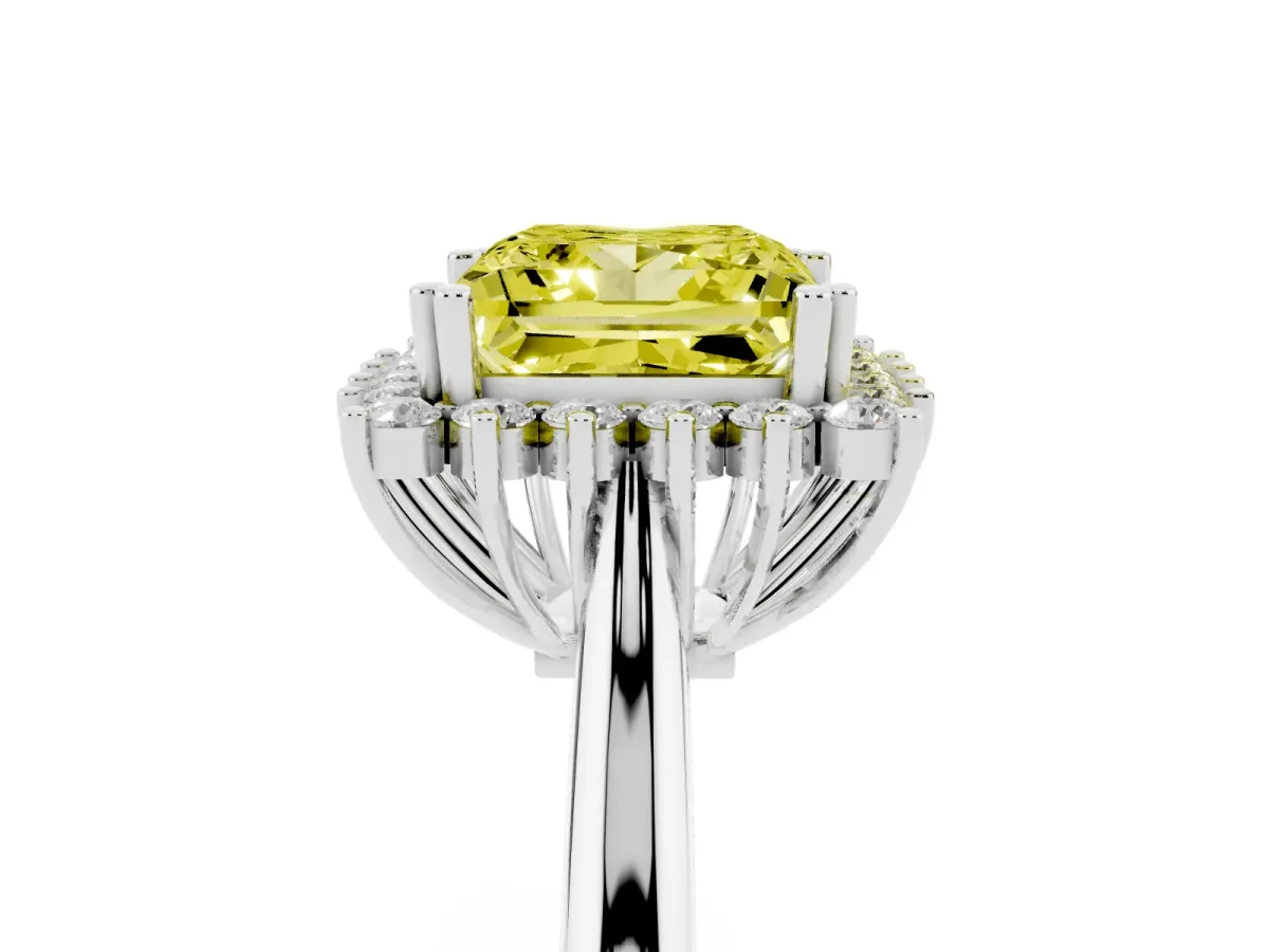 Fancy Yellow Princess Cut Cut Diamond Halo Ring with Solitaire Band and Prong Setting Silver