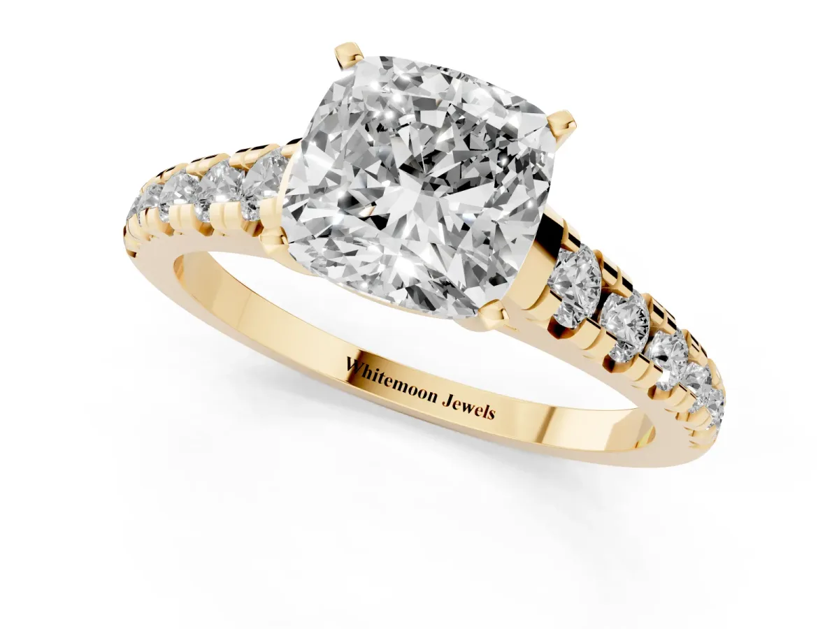 Cushion Cut Diamond Cathedral Solitaire Ring with Round Pavé Band Yellow gold