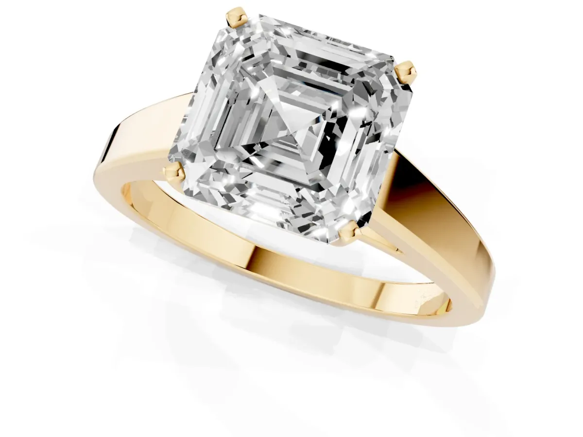 Asscher Cut Solitaire Engagement Ring with Four-Prong Setting and Tapered Band Yellow gold