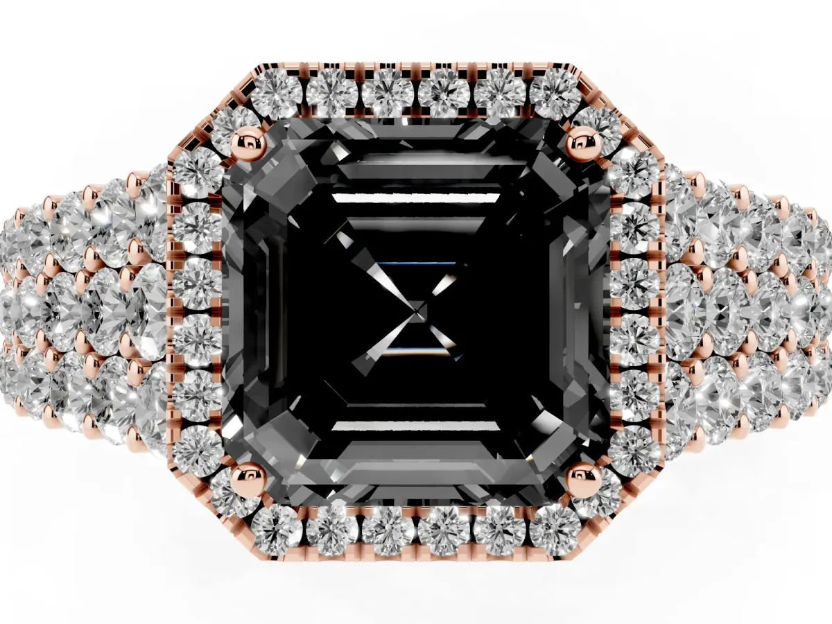 Fancy Black Asscher Cut Diamond Halo Engagement Ring with Triple Row Round Pavé Band and Prong Setting Rose gold
