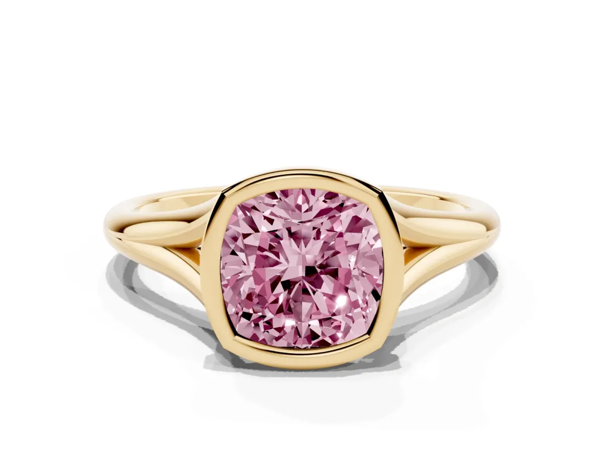 Fancy Pink Bezel Set Cushion Cut Cut Solitaire Ring with Tapered Band Yellow gold