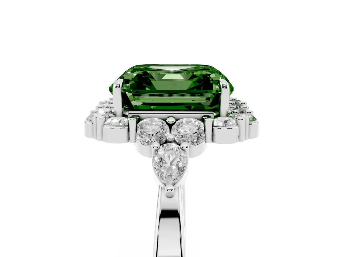 Fancy Green Asscher Cut Diamond Halo Ring with Pear Side Stones and Prong Setting Silver