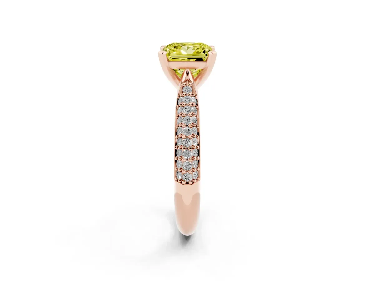Fancy Yellow Princess Cut Diamond Solitaire Engagement Ring with Multi-Row Round Pavé Band and Prong Setting Rose gold