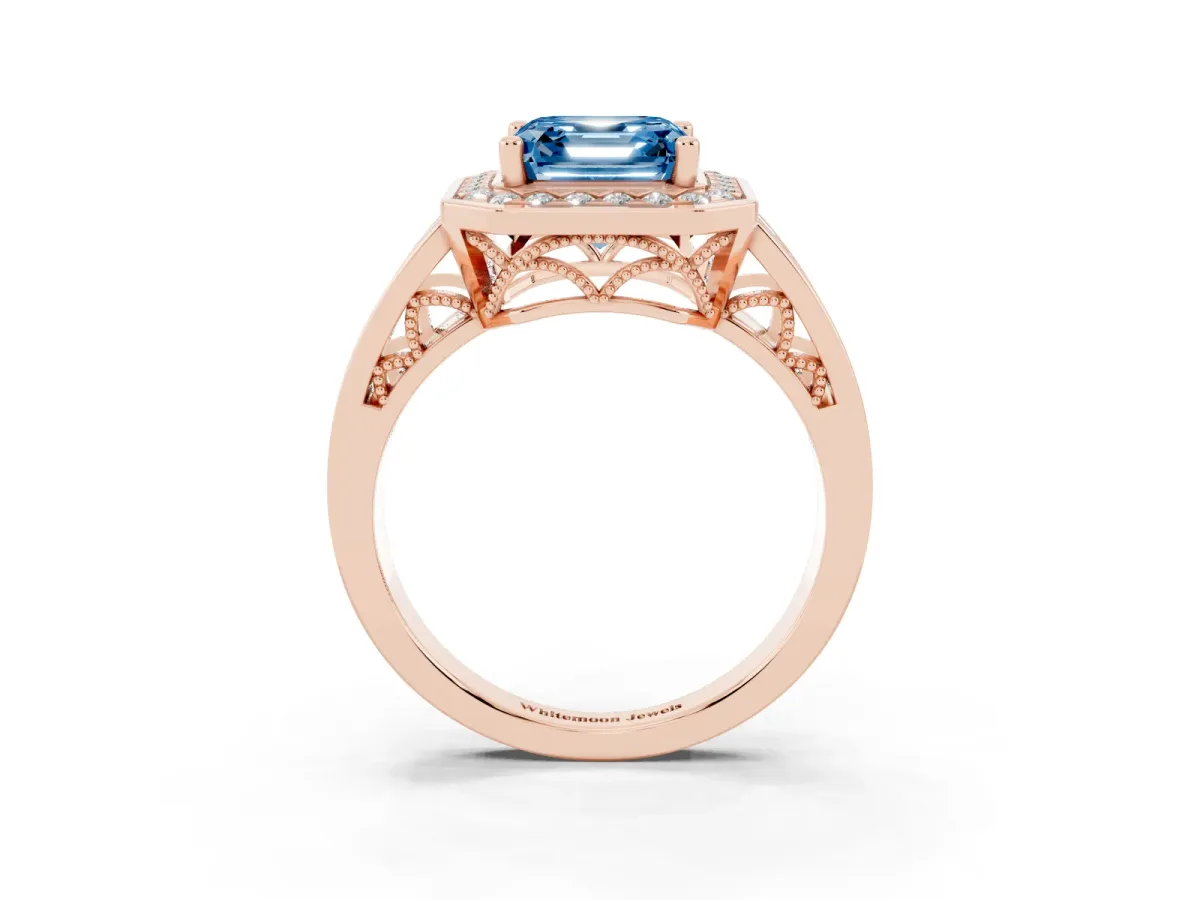 Fancy Blue Asscher Cut Diamond Halo Ring with Split Shank and Bezel Accents and Prong Setting Rose gold