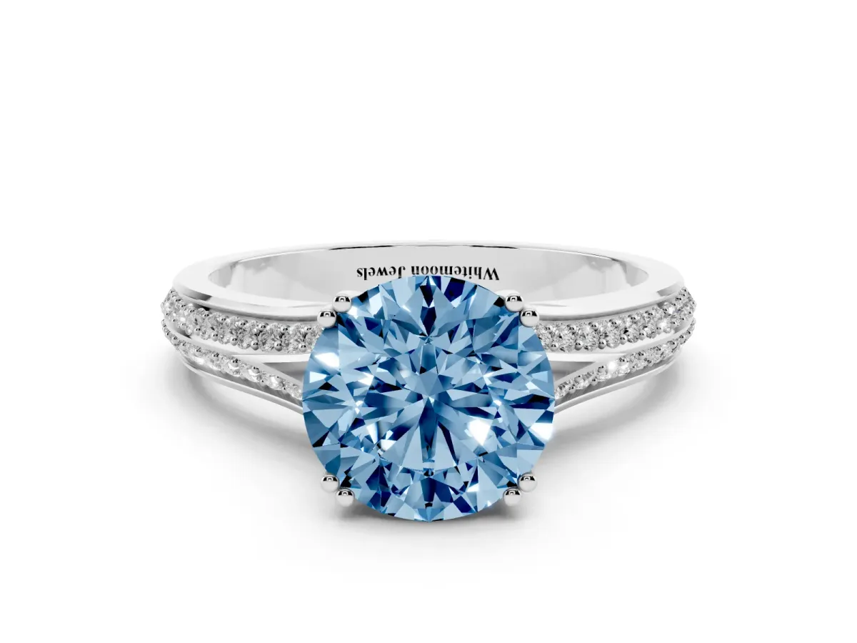 Fancy Blue Round Cut Diamond Split Shank Engagement Ring with Pavé Band Silver