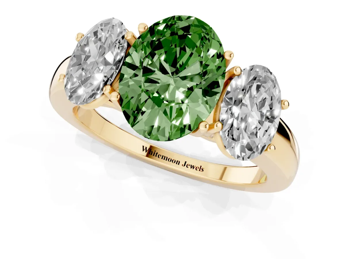 Fancy Green Oval Cut Diamond Three-Stone Ring with Four-Prong Setting and Classic Band Yellow gold