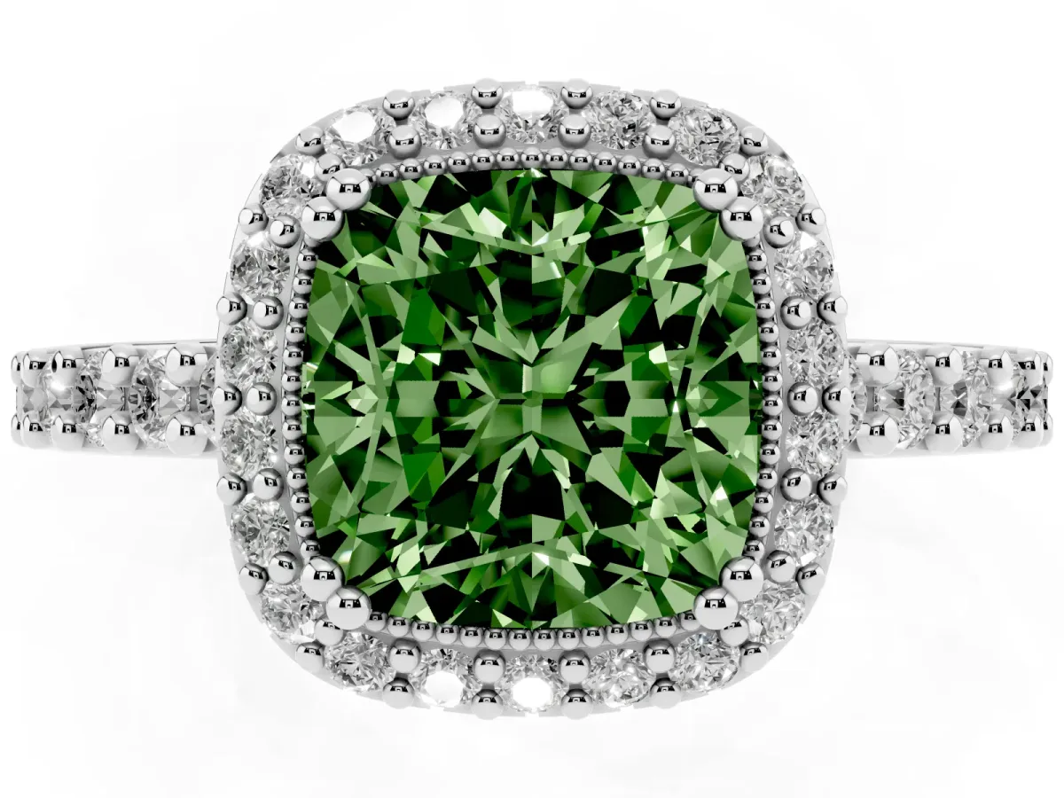 Fancy Green Cushion Cut Cut Diamond Halo Engagement Ring with Milgrain Detail and Pavé Band Platinum