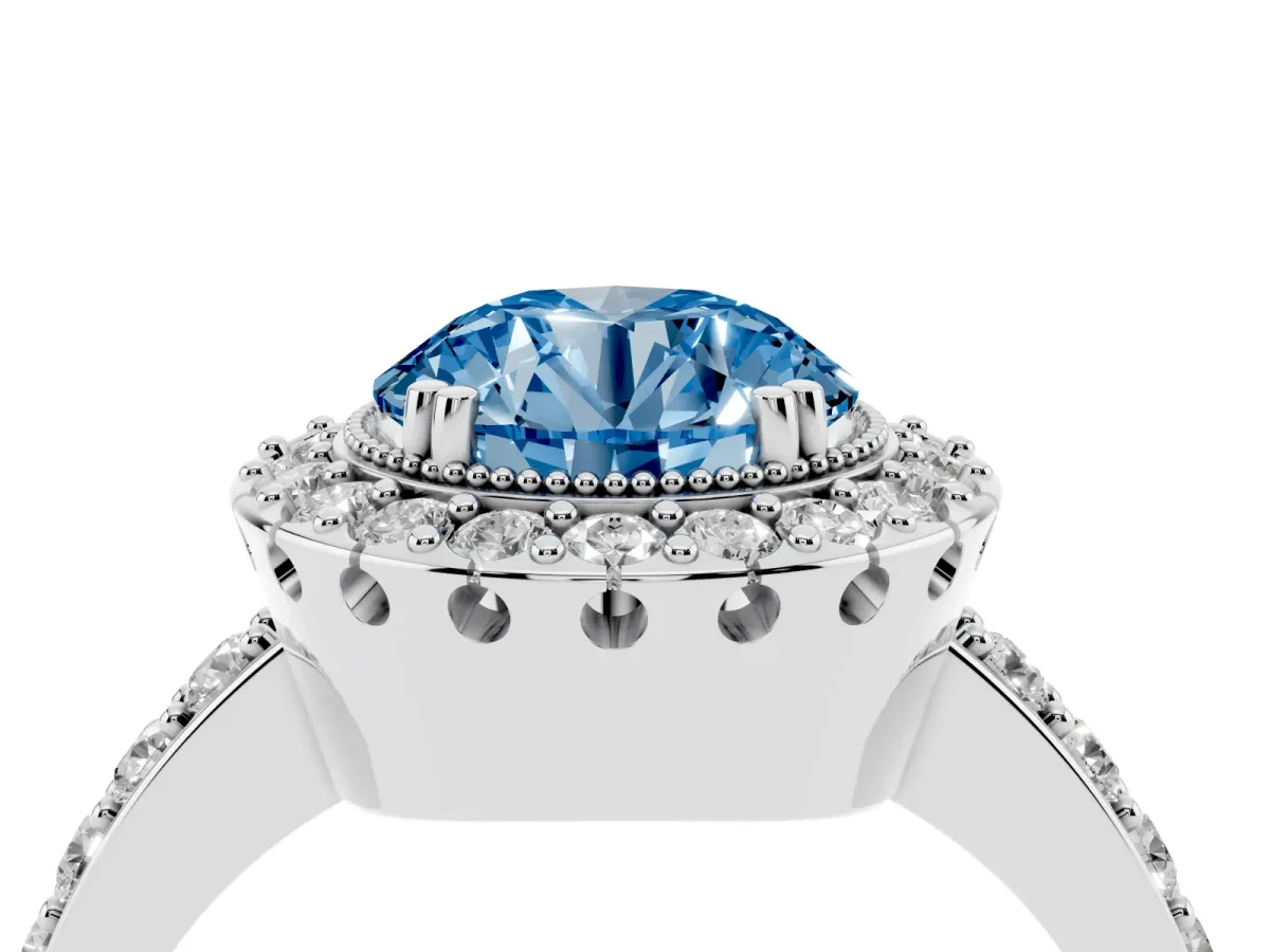 Fancy Blue Round Cut Diamond Halo Ring with Pavé Band and Prong Setting White gold