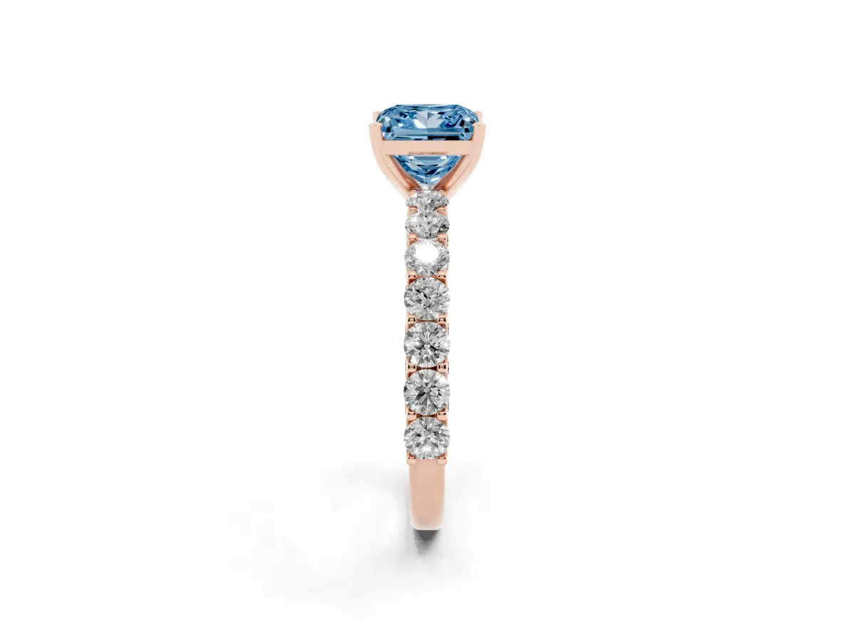Fancy Blue Princess Cut Diamond Solitaire Ring with Shared Prong Pavé Band and Four-Prong Setting Rose gold