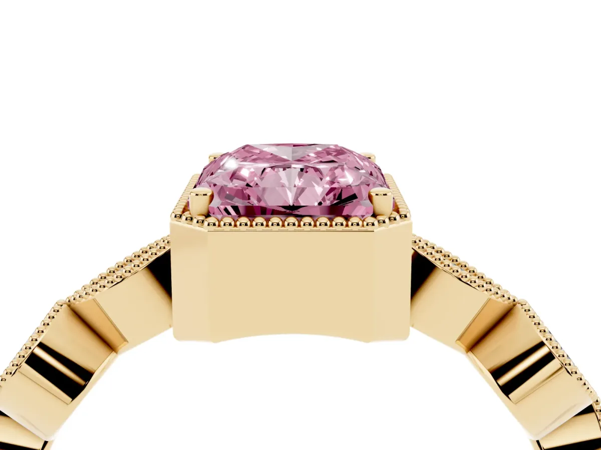 Fancy Pink Radiant Cut Diamond Vintage Milgrain Ring with Round Stations Yellow gold
