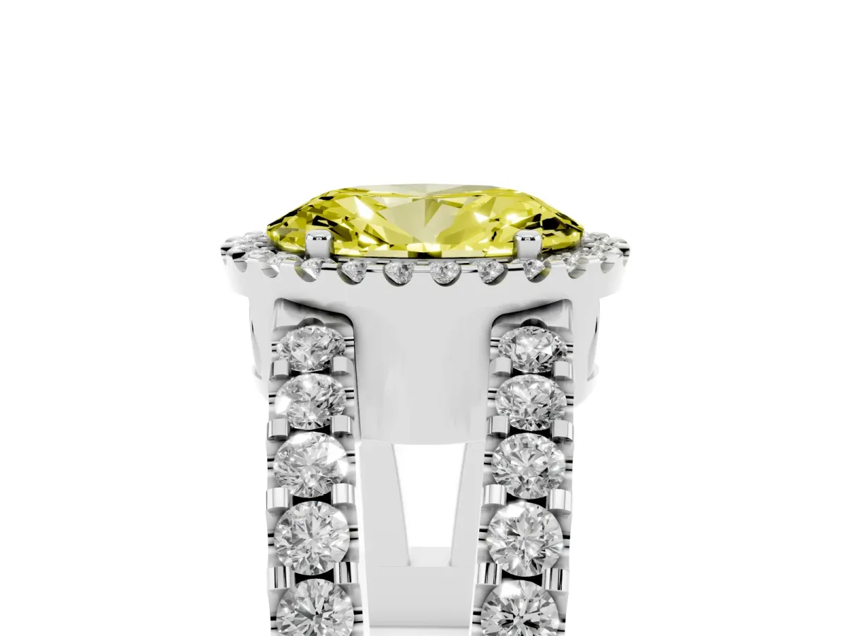 Fancy Yellow Oval Cut Cut Halo Split Shank Diamond Ring with Four-Prong Setting White gold