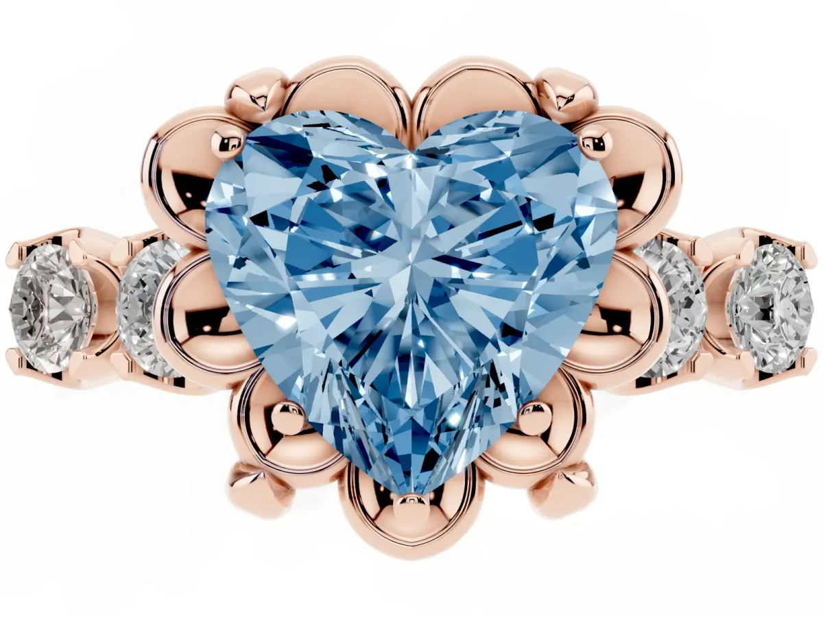 Fancy Blue Heart Cut Cut Diamond Floral Halo Engagement Ring with Shared Prong Setting Rose gold