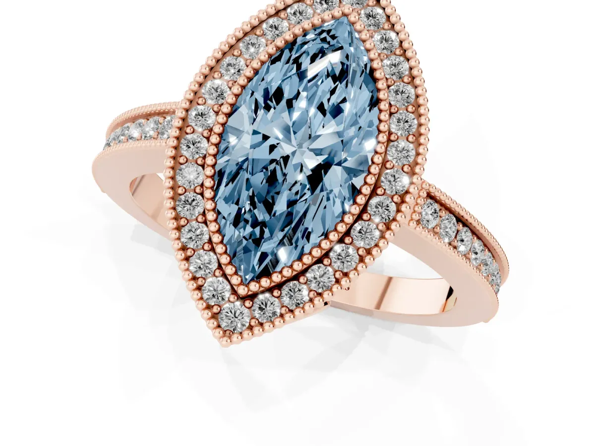 Fancy Blue Marquise Cut Cut Halo Diamond Ring with Pavé Band and Milgrain Prong Setting Rose gold