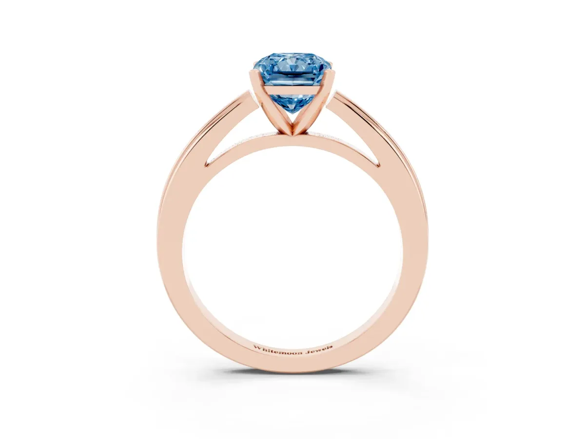 Fancy Blue Radiant Cut Solitaire Diamond Ring with Four-Prong Setting and Classic Band Rose gold