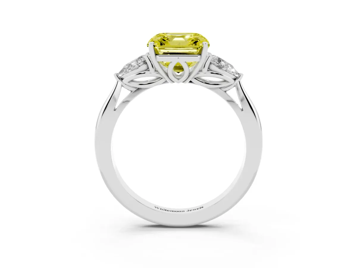 Fancy Yellow Three-Stone Asscher Cut Diamond Ring with Pear Side Stones in Four-Prong Setting Silver