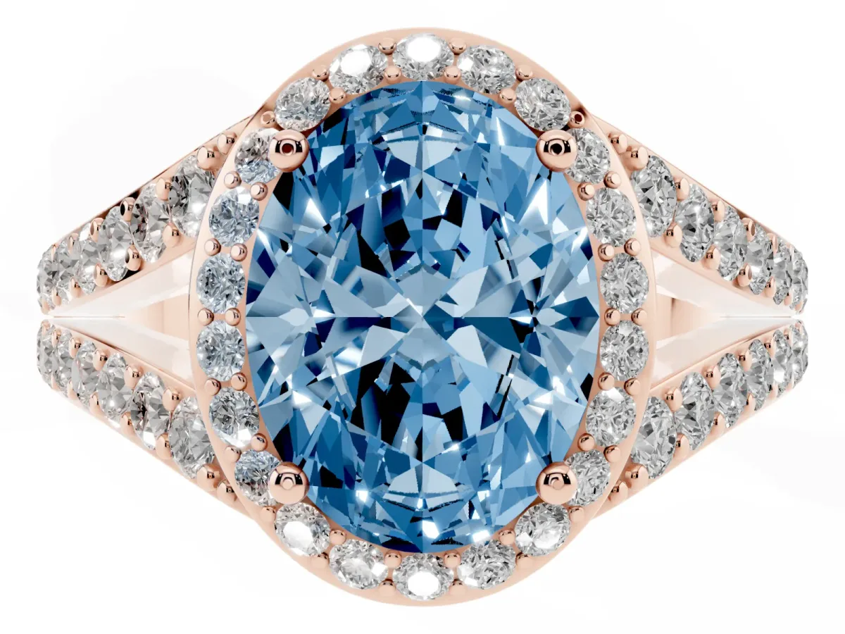 Fancy Blue Oval Cut Diamond Split Shank Halo Ring with Four-Prong Setting Rose gold