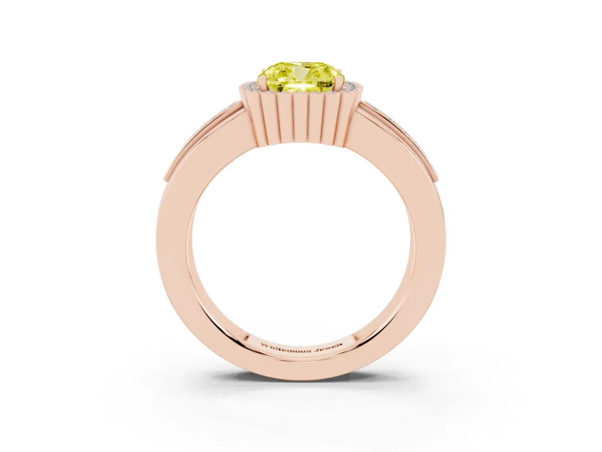 Fancy Yellow Cushion Cut Cut Halo Pave Band Four-Prong Ring Rose gold