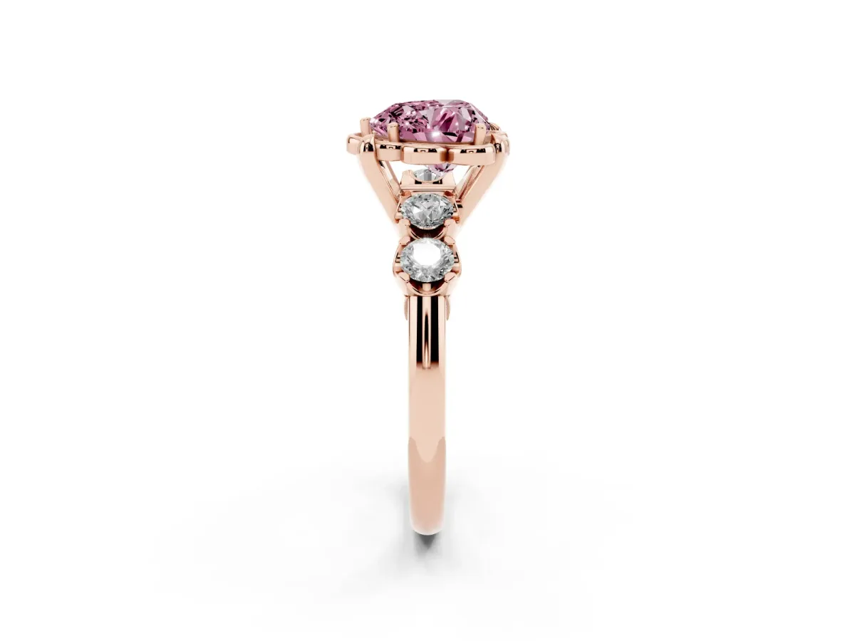 Fancy Pink Heart Cut Cut Diamond Floral Halo Engagement Ring with Shared Prong Setting Rose gold