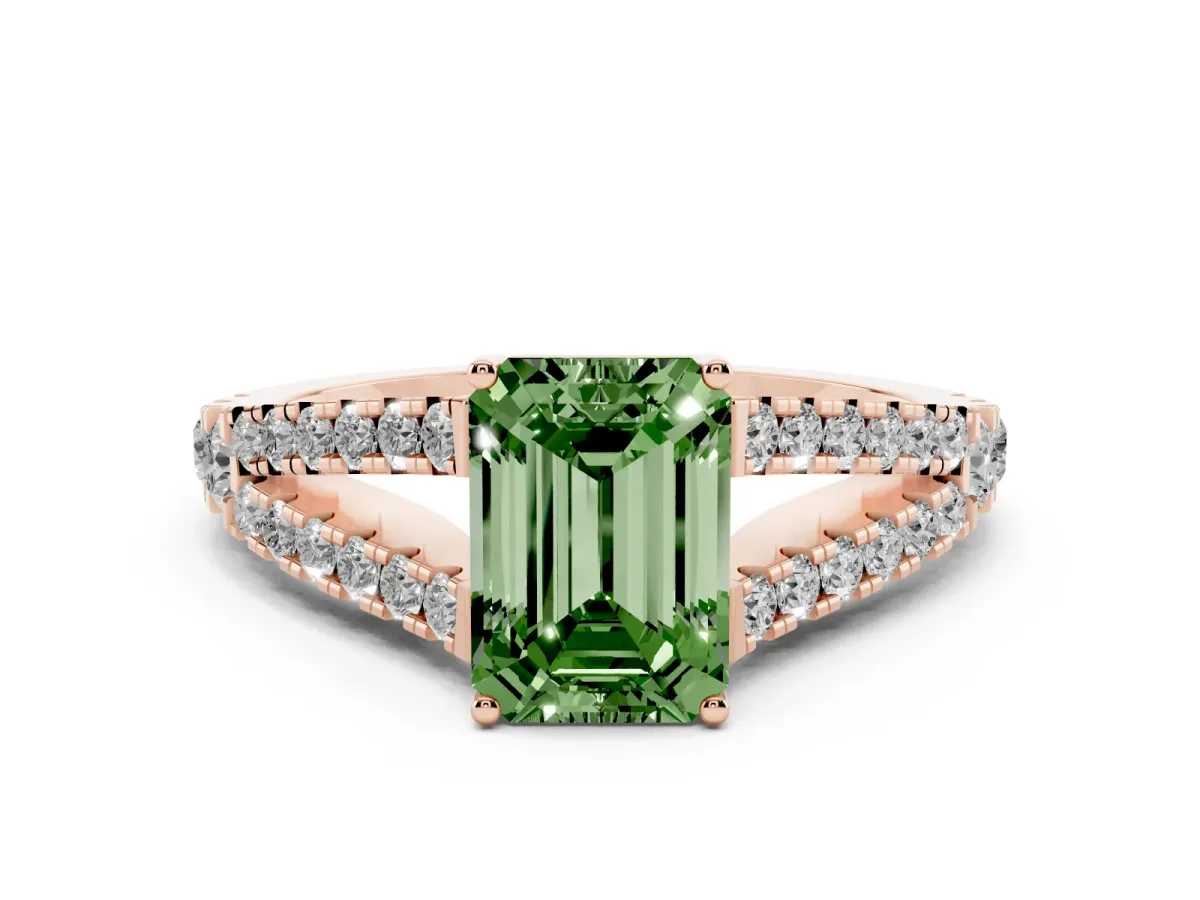 Fancy Green Emerald Cut Diamond Split Shank Pavé Engagement Ring with Four-Prong Setting Rose gold