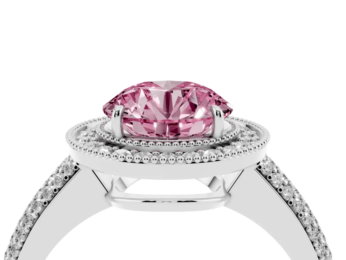 Fancy Pink Round Cut Cut Halo Diamond Pave Band with Four-Prong Setting Silver