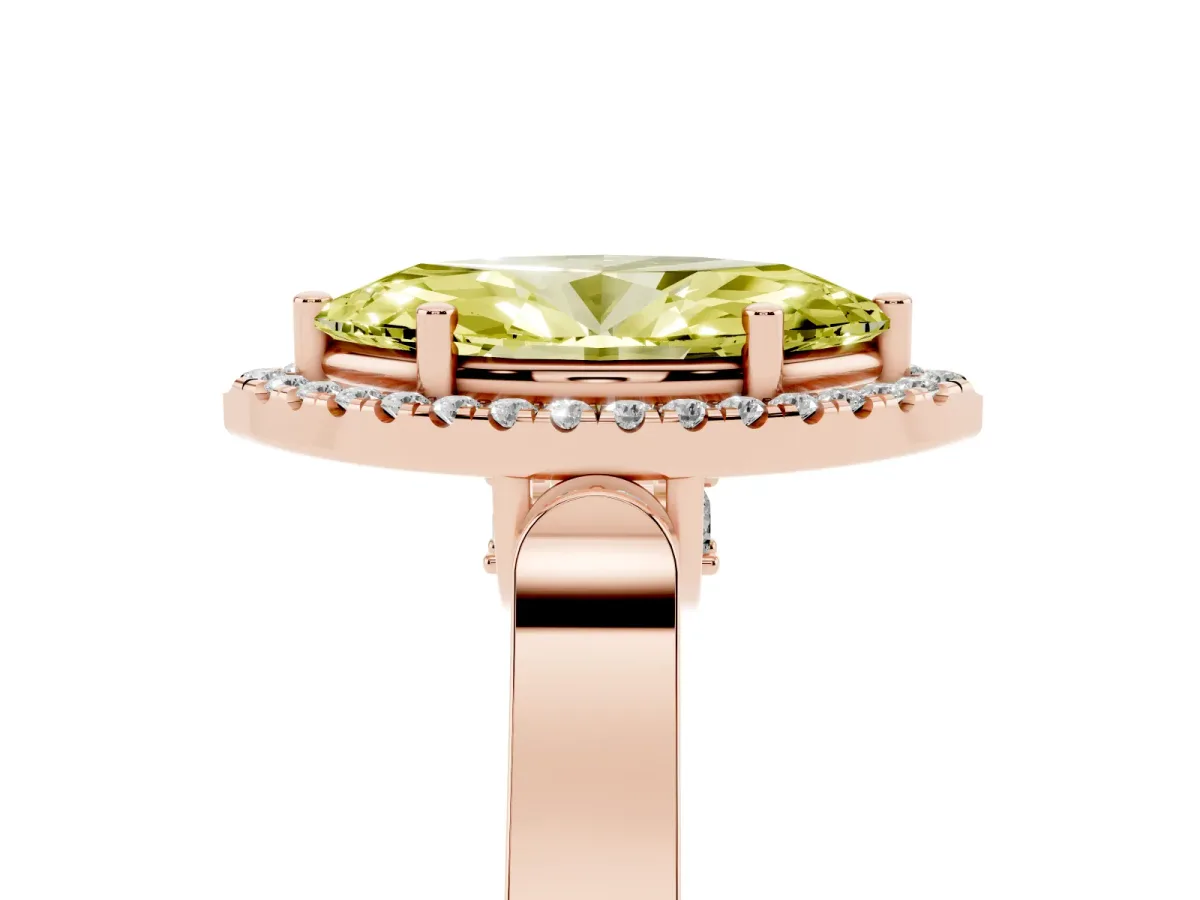 Fancy Yellow Marquise Cut Halo Round Diamond Twist Band with Four-Prong Setting Rose gold