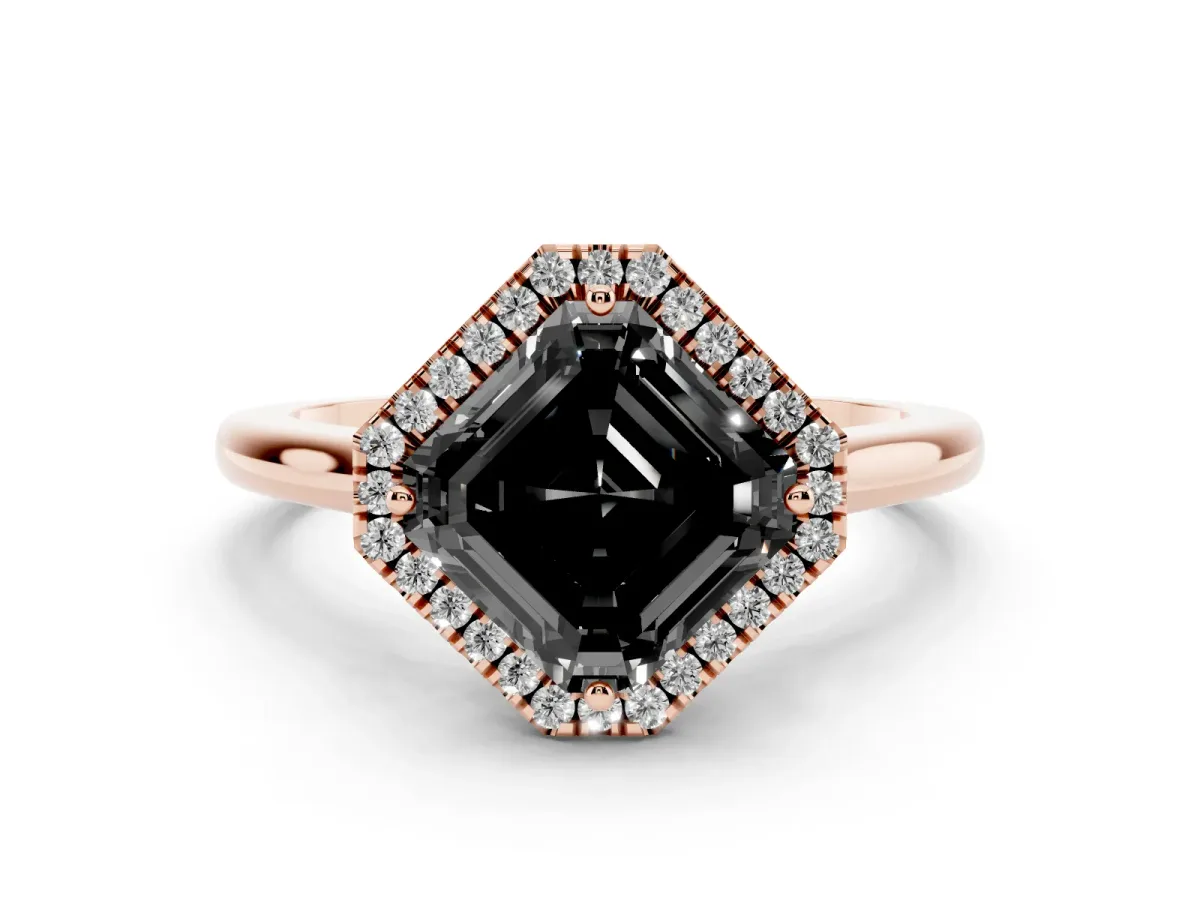 Fancy Black Asscher Cut Halo Round Diamond Solitaire Engagement Ring with Pave Band and Four-Prong Setting Rose gold