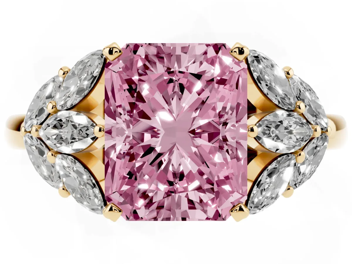 Fancy Pink Radiant Cut Diamond Cluster Leaf Design Ring with Prong Setting Yellow gold