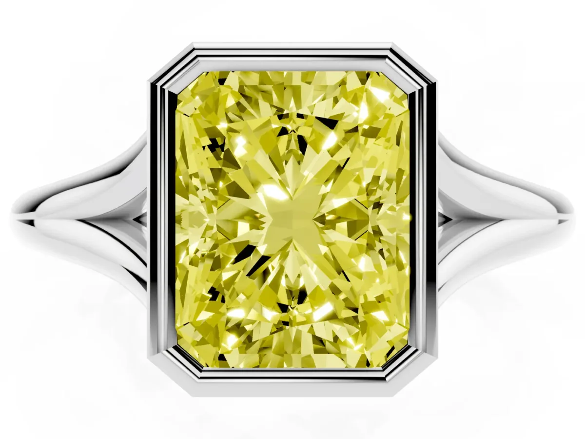 Fancy Yellow Bezel Set Radiant Cut Cut Solitaire Ring with Tapered Band Platinum