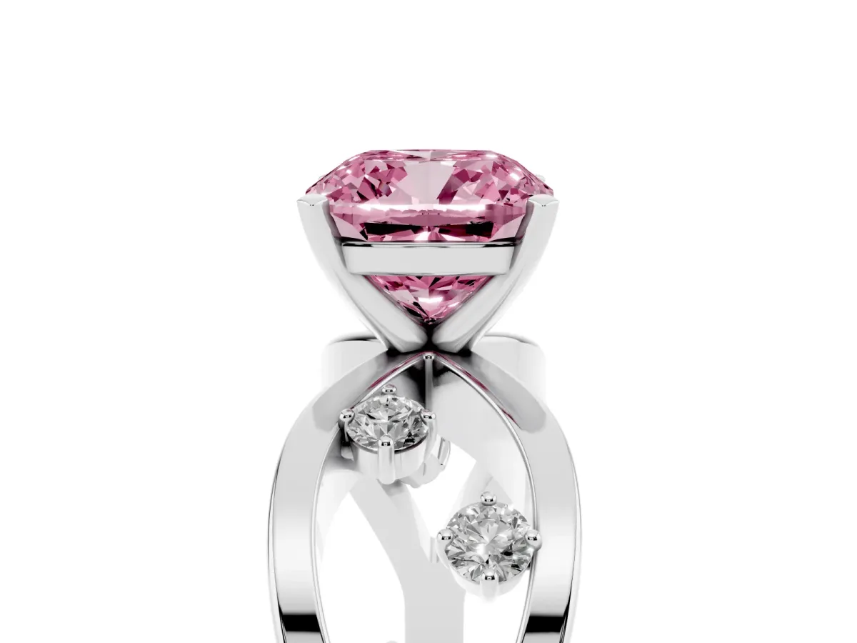Fancy Pink Cushion Cut Cut Solitaire Diamond with Side Stones on Criss-Cross Band and Four-Prong Setting Platinum