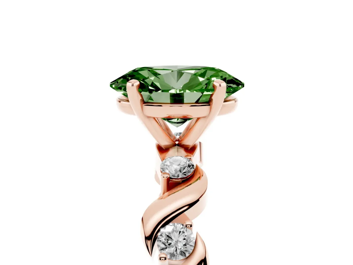 Fancy Green Oval Cut Diamond Solitaire Twisted Band with Round Accents and Prong Setting Rose gold