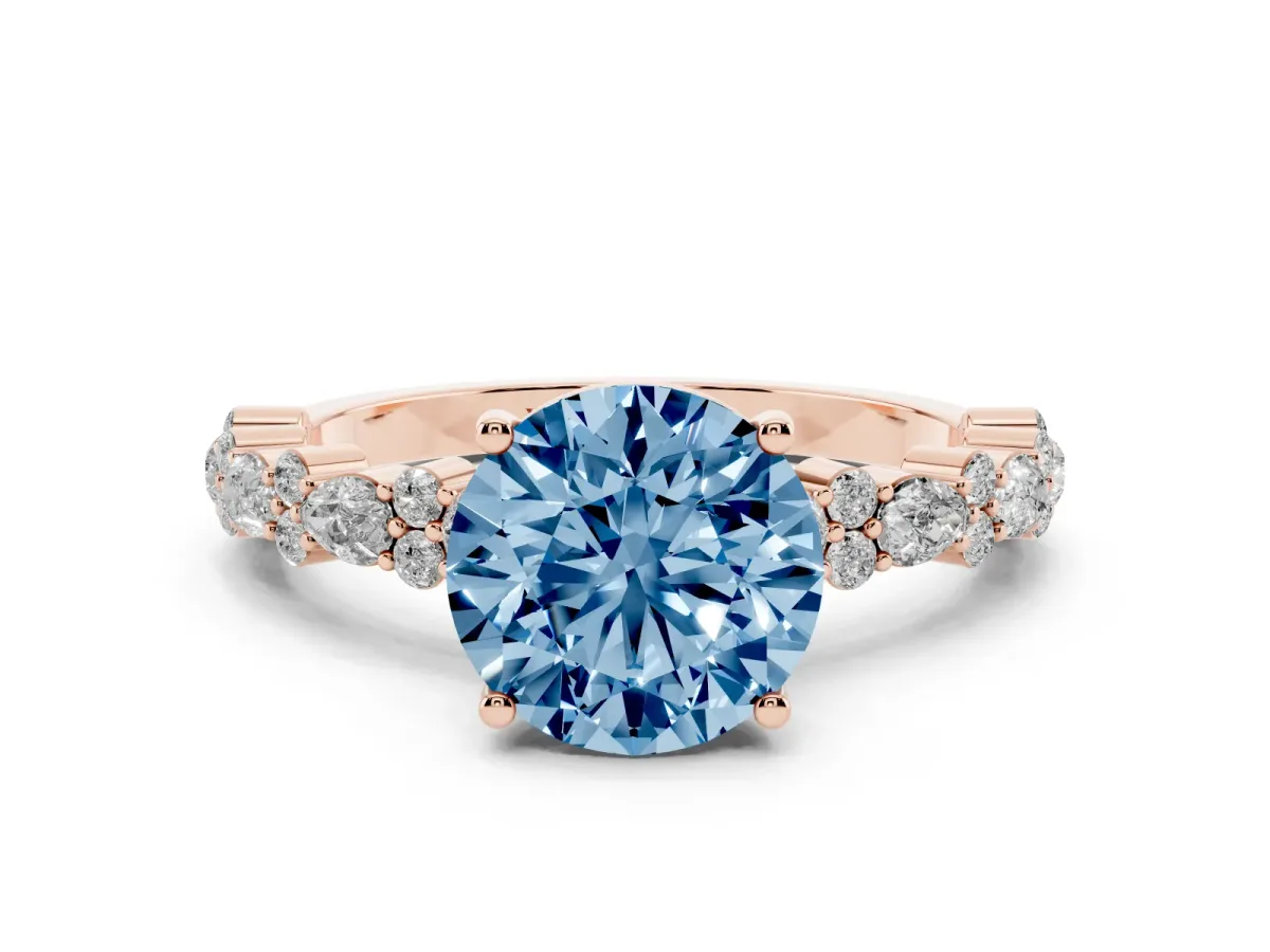 Fancy Blue Round Cut Diamond Side Stone Solitaire Ring with Round and Four-Prong Setting Rose gold