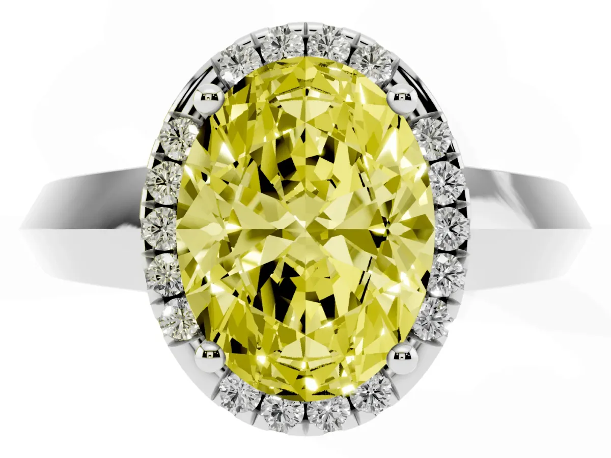 Fancy Yellow Oval Cut Halo Diamond Ring with Cathedral Band and Four-Prong Setting Platinum
