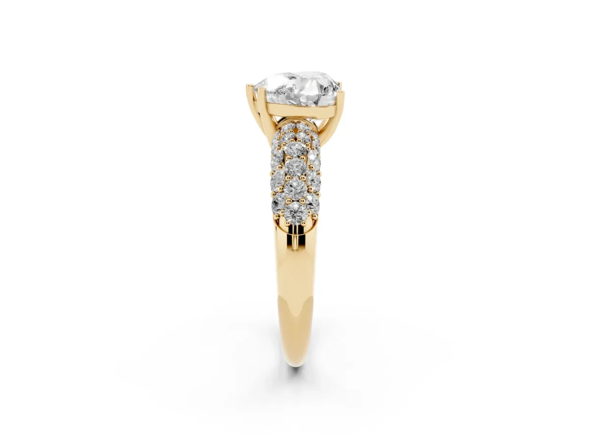 Heart Cut Diamond Pavé Band Solitaire Ring with Four-Prong Setting Yellow gold