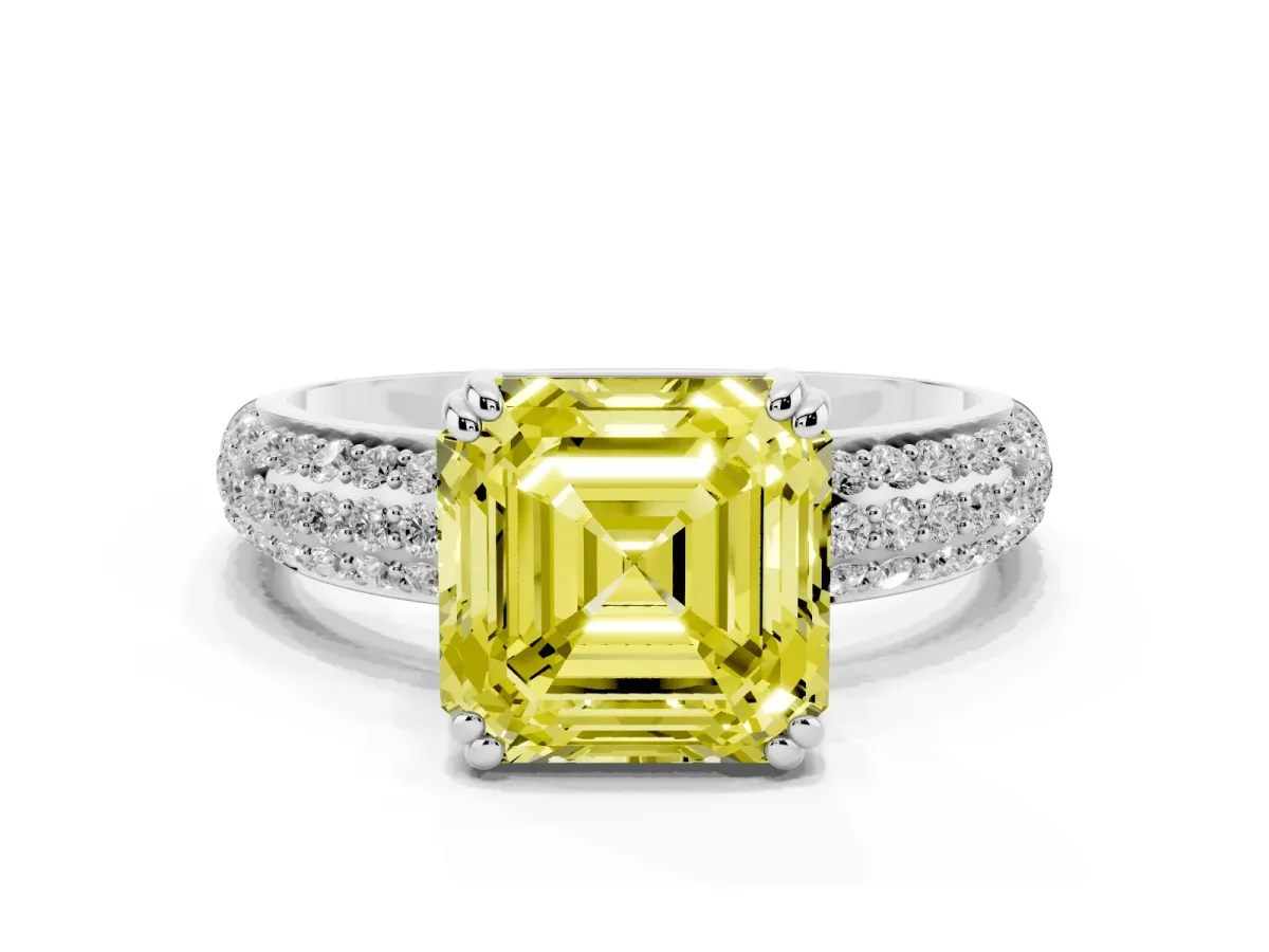 Fancy Yellow Asscher Cut Diamond Solitaire Ring with Multi-Row Round Pavé Band and Prong Setting Silver
