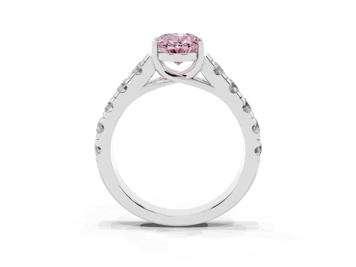 Fancy Pink Oval Cut Cut Diamond Solitaire Ring with Micro Pave Band and Prong Setting Silver