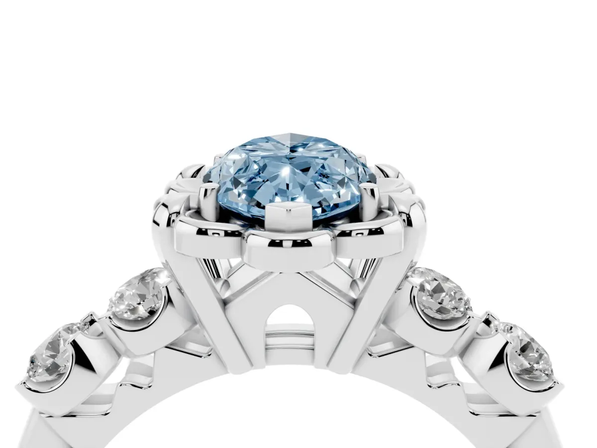 Fancy Blue Marquise Cut Cut Diamond Floral Halo Engagement Ring with Shared Prong Setting Silver