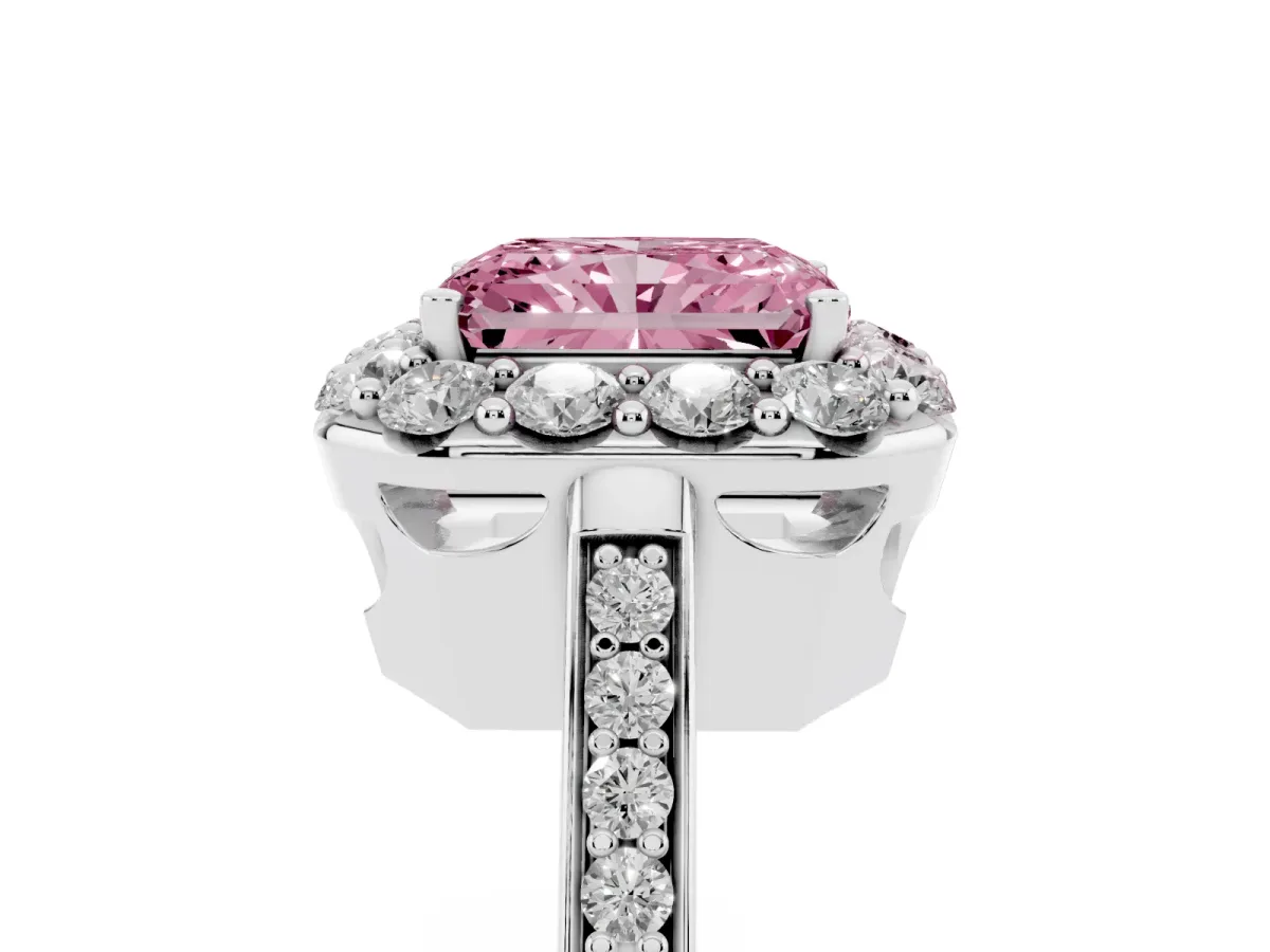 Fancy Pink Radiant Cut Diamond Floral Halo Ring with Pavé Band and Prong Setting Platinum