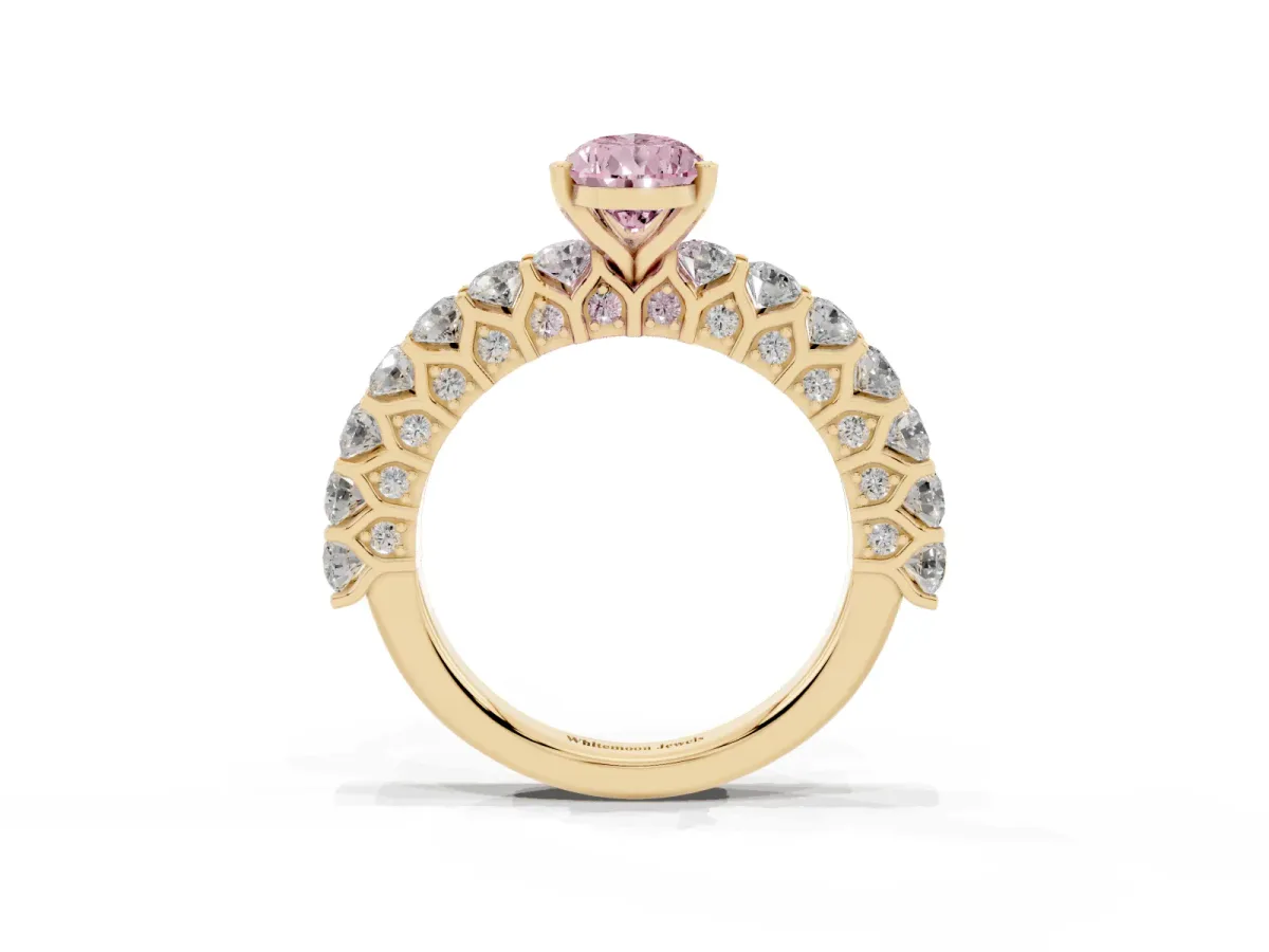 Fancy Pink Pear Cut Diamond Solitaire Ring with Shared Prong Pavé Band and Four-Prong Setting Yellow gold