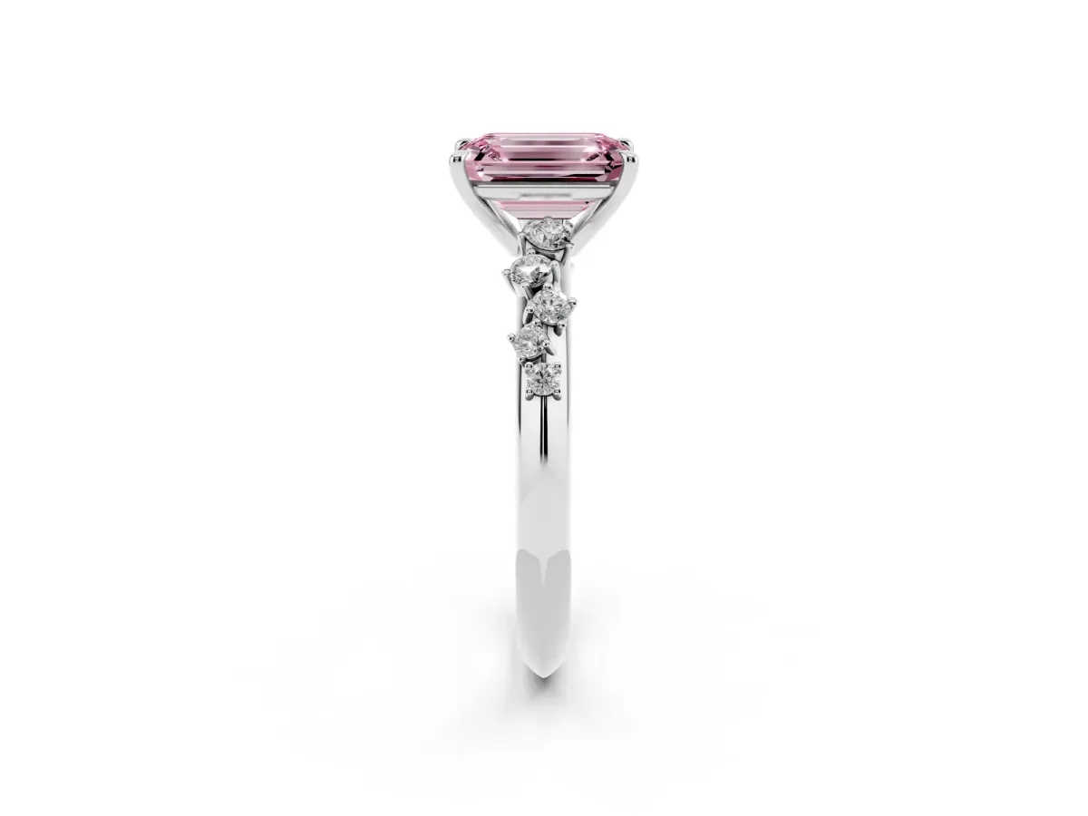 Fancy Pink Emerald Cut Diamond Cluster Side Stone Solitaire Ring with Prong Setting Silver
