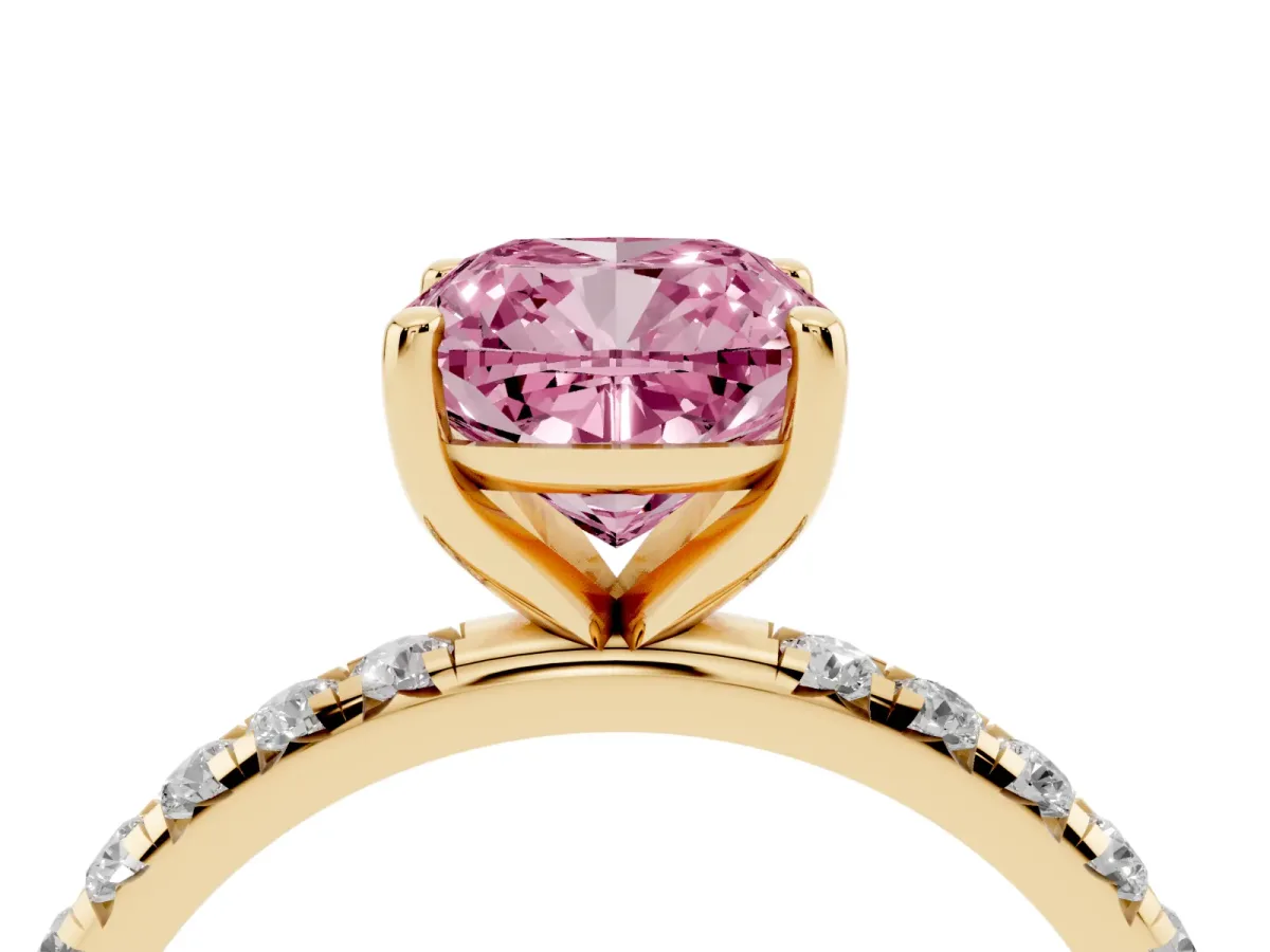 Fancy Pink Cushion Cut Cut Diamond Solitaire Ring with Micro Pave Band and Four Prong Setting Yellow gold