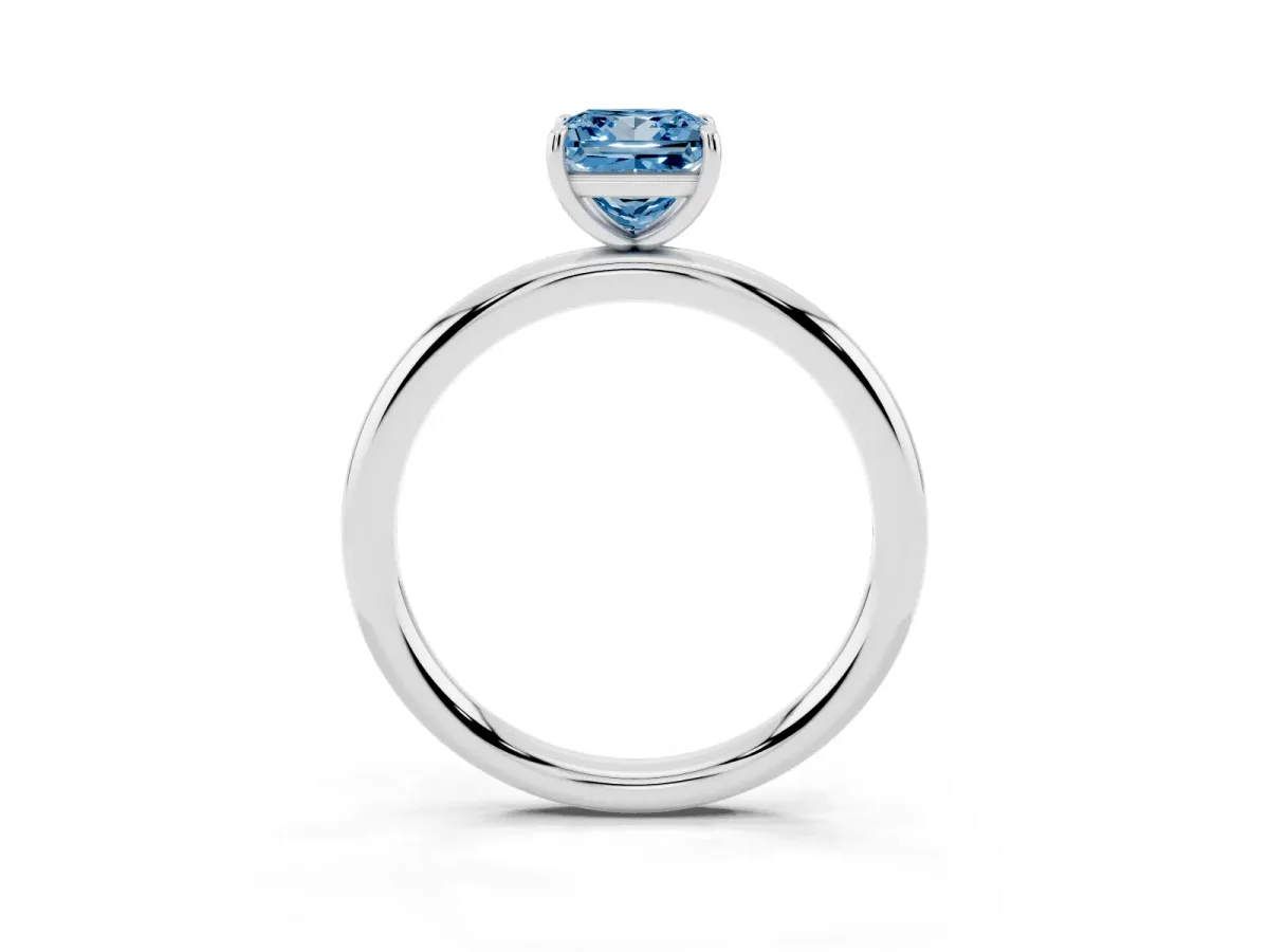 Fancy Blue Princess Cut Solitaire Diamond Ring with Four-Prong Setting on a Plain Band Platinum