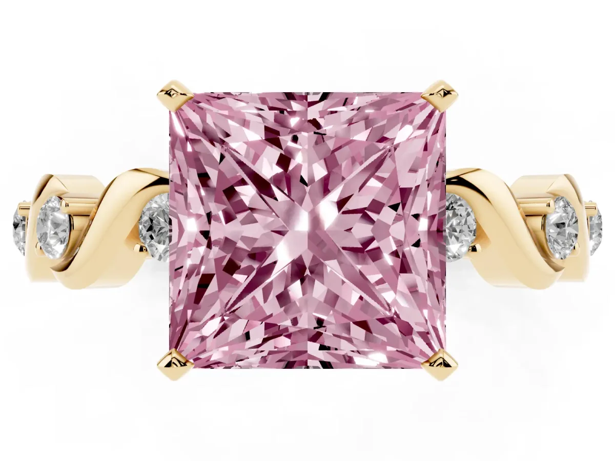 Fancy Pink Princess Cut Diamond Solitaire Twisted Band with Round Accents and Prong Setting Yellow gold