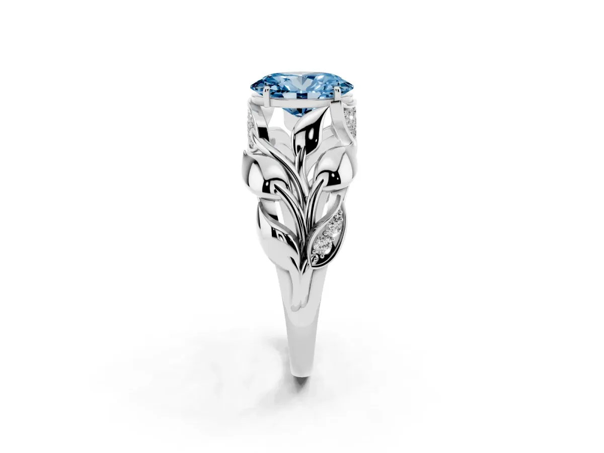 Fancy Blue Oval Cut Diamond Leaf-Inspired Engagement Ring with Round Accents and Prong Setting Silver