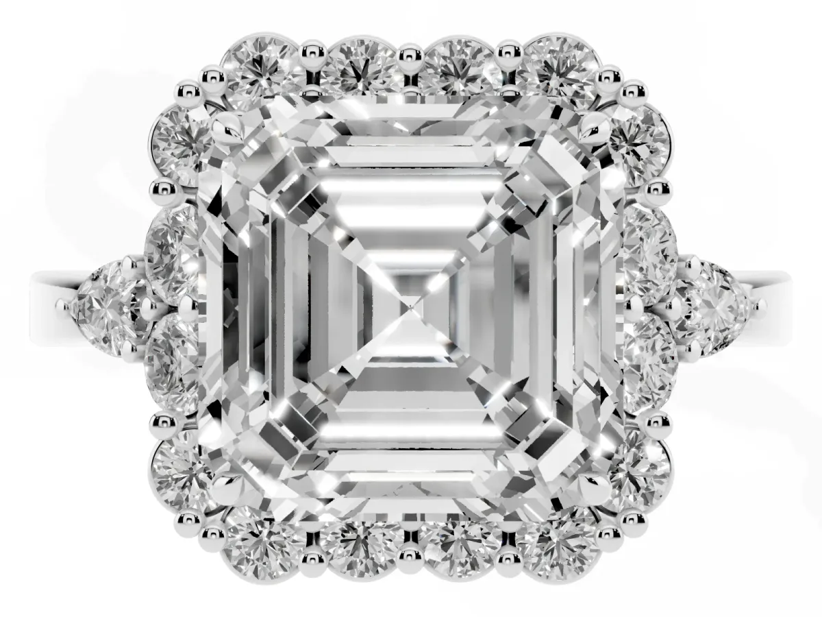 Asscher Cut Diamond Halo Ring with Pear Side Stones and Prong Setting Silver