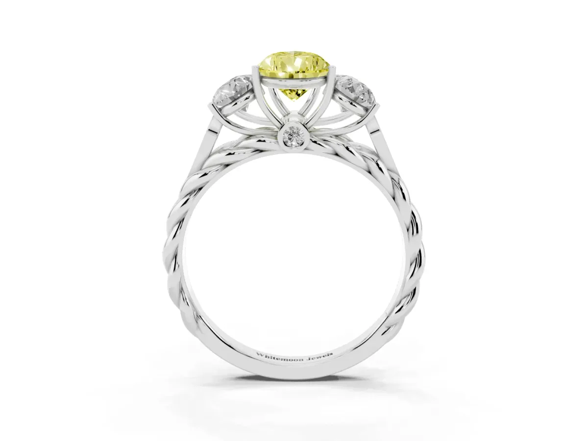 Fancy Yellow Three-Stone Pear Cut Diamond Braided Band Ring with Four-Prong Setting Silver