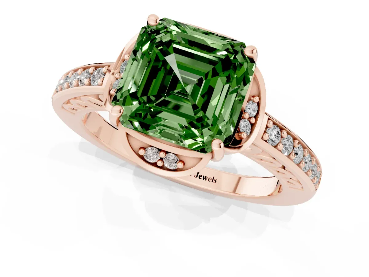 Fancy Green Asscher Cut Cut Halo Diamond Ring with Channel Set Band and Four-Prong Setting Rose gold