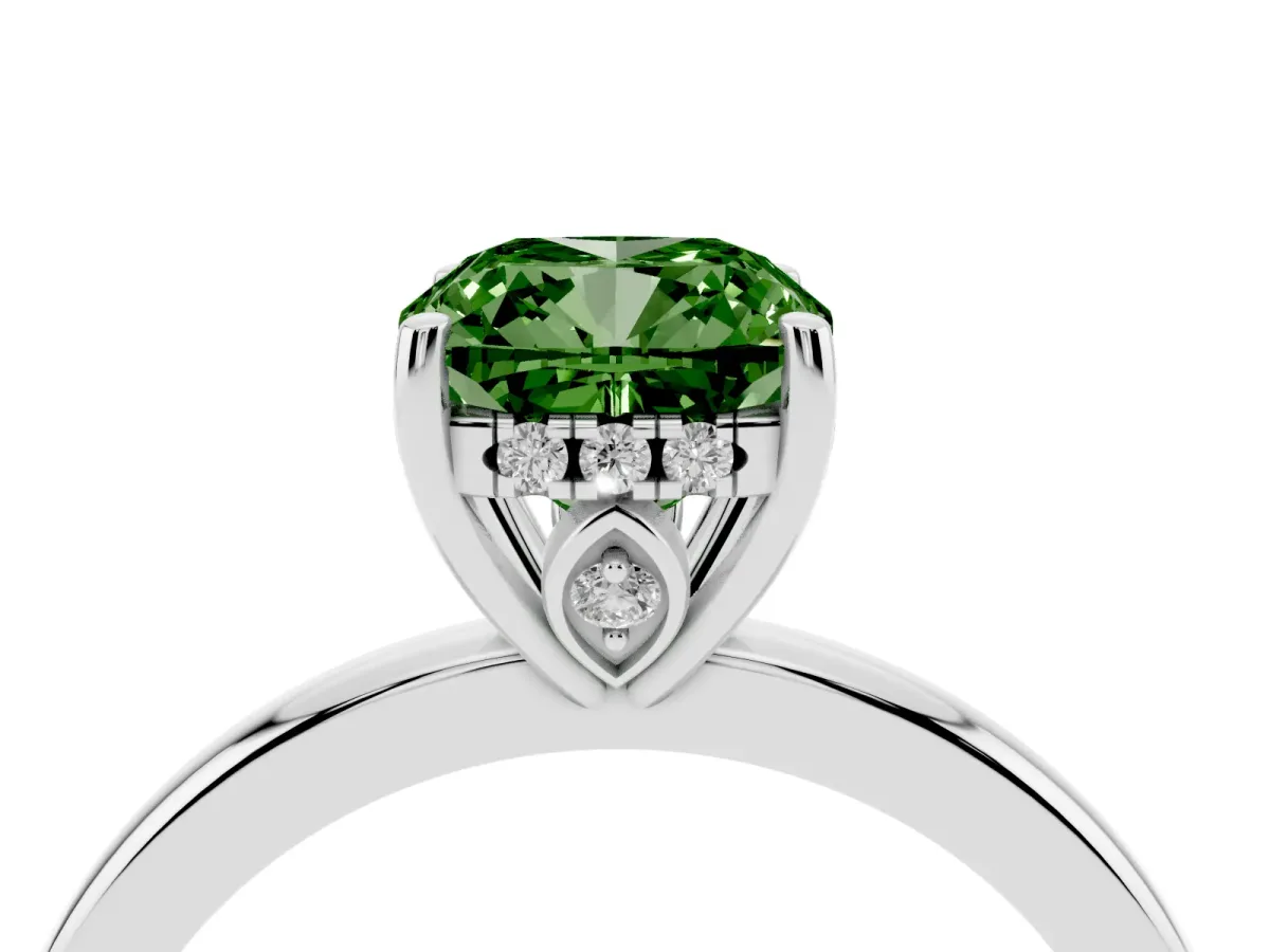 Fancy Green Cushion Cut Solitaire Diamond Ring with Prong Setting and Plain Band Silver